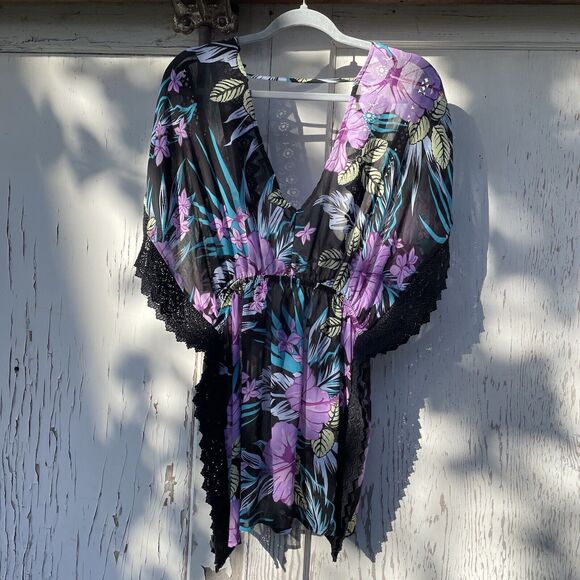 Miken Swim Kimono Cover Up Women's Med Black Floral Lace-Inset Tie-Front Sheer - Picture 12 of 16